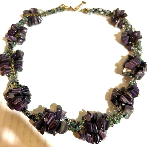 Amethyst gemstone with multicolors glass beads necklace adjustable - Picture 3 of 6